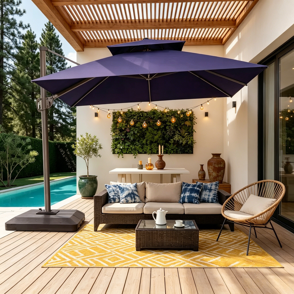 Parasol déporté inclinable à 2 niveaux, carré, pour patio, rotation à 360°