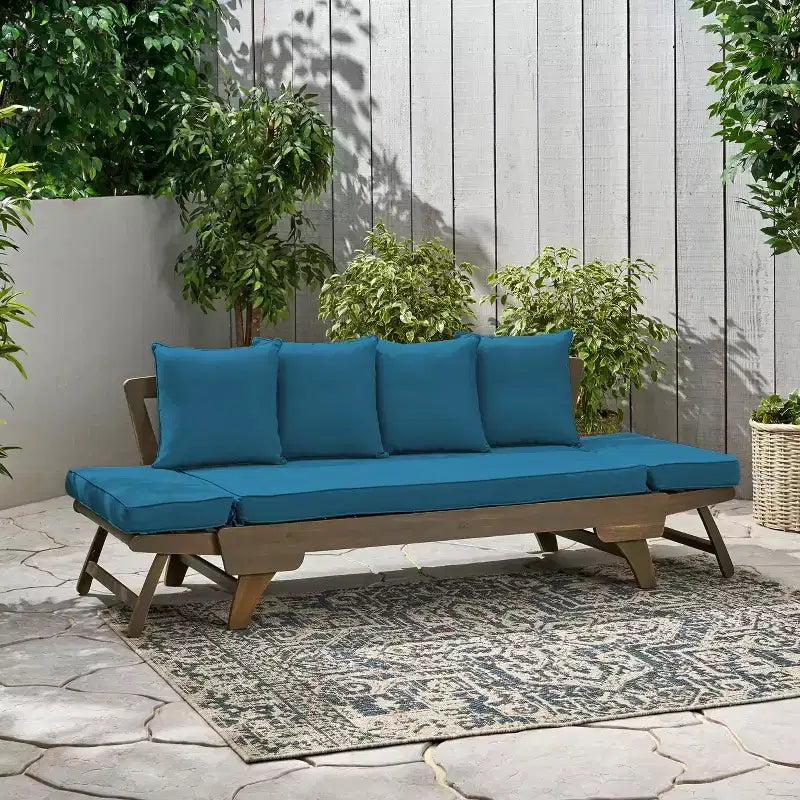 Lit de repos/canapé extensible en bois d'acacia pour extérieur avec coussins