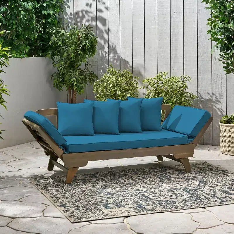 Lit de repos/canapé extensible en bois d'acacia pour extérieur avec coussins