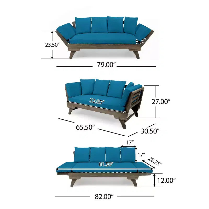 Lit de repos/canapé extensible en bois d'acacia pour extérieur avec coussins