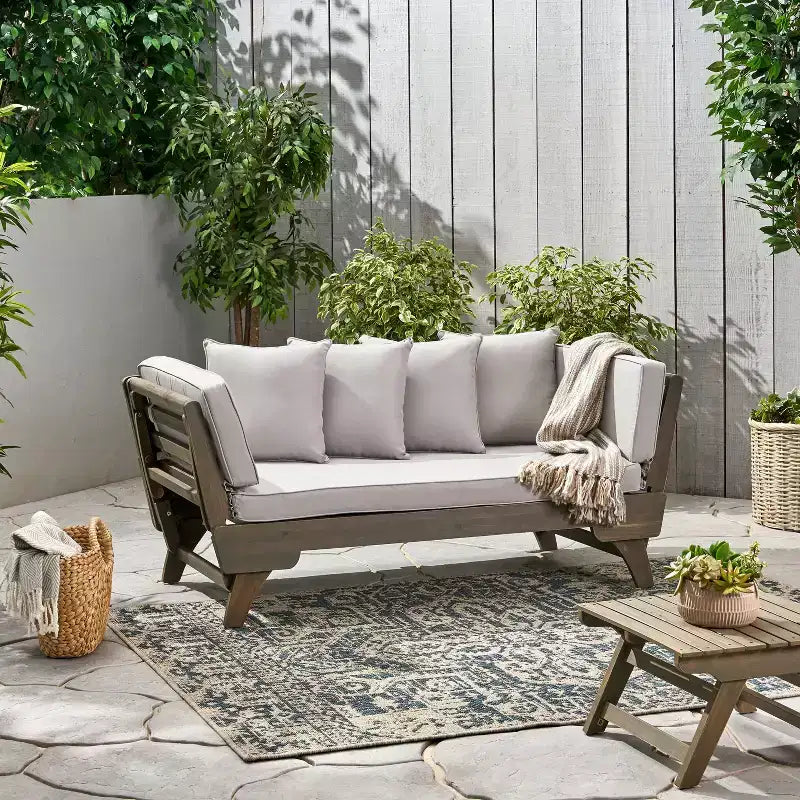 Lit de repos/canapé extensible en bois d'acacia pour extérieur avec coussins