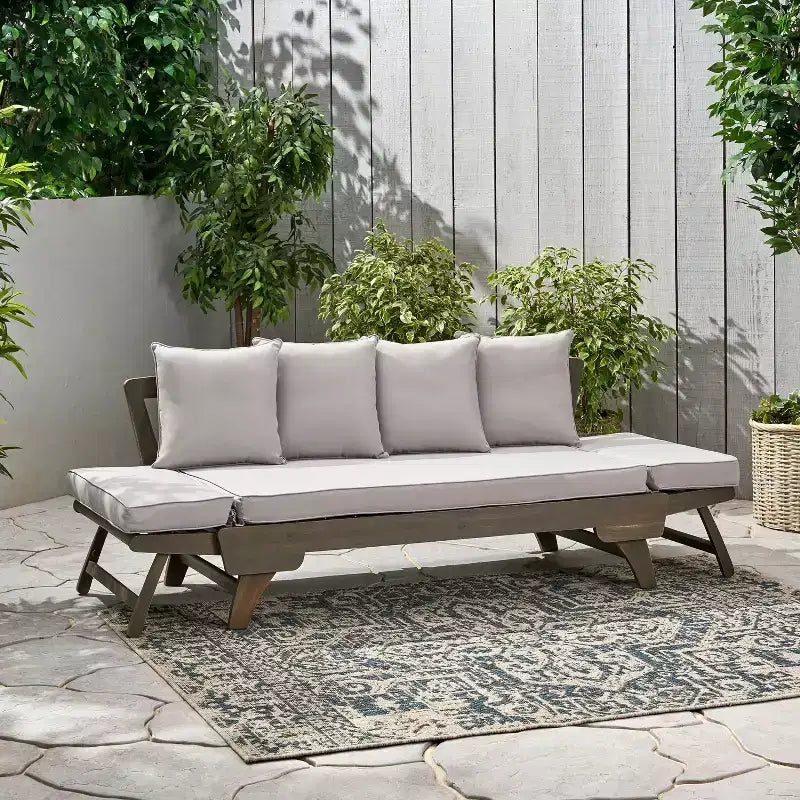 Lit de repos/canapé extensible en bois d'acacia pour extérieur avec coussins