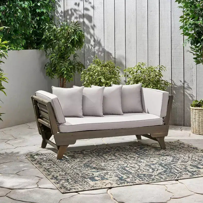 Lit de repos/canapé extensible en bois d'acacia pour extérieur avec coussins