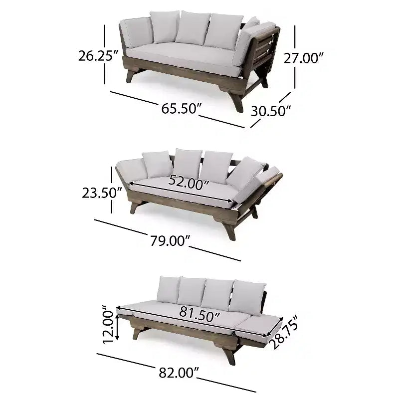 Lit de repos/canapé extensible en bois d'acacia pour extérieur avec coussins