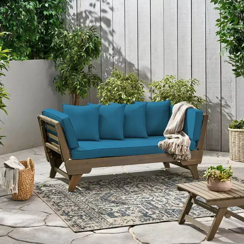 Lit de repos/canapé extensible en bois d'acacia pour extérieur avec coussins