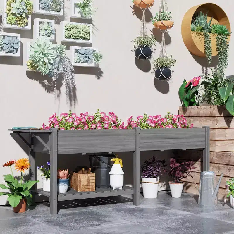 Carré potager surélevé en bois avec tablette latérale