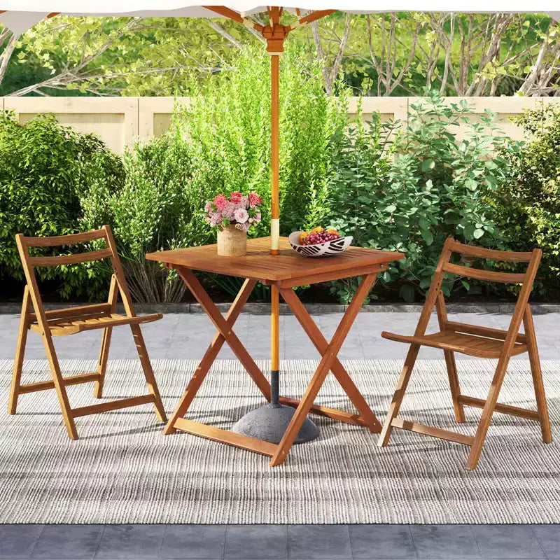 Table à manger de terrasse avec plateau effet teck 2 trous pour parasol