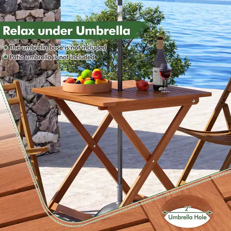 Table à manger de terrasse avec plateau effet teck 2 trous pour parasol