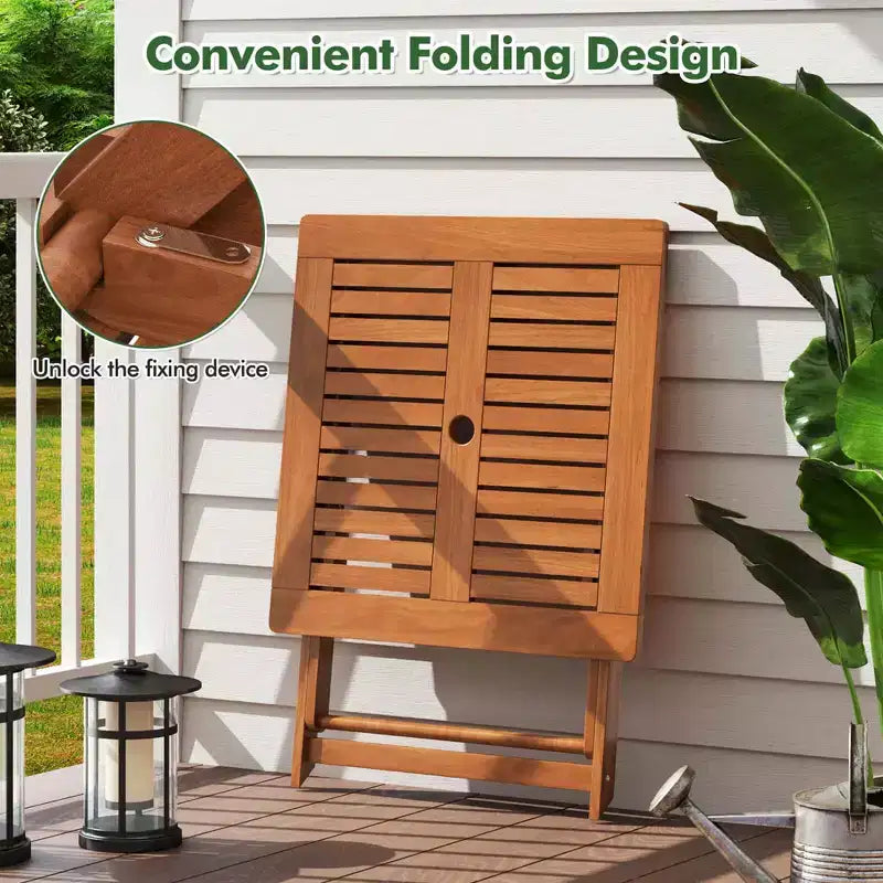Table à manger de terrasse avec plateau effet teck 2 trous pour parasol