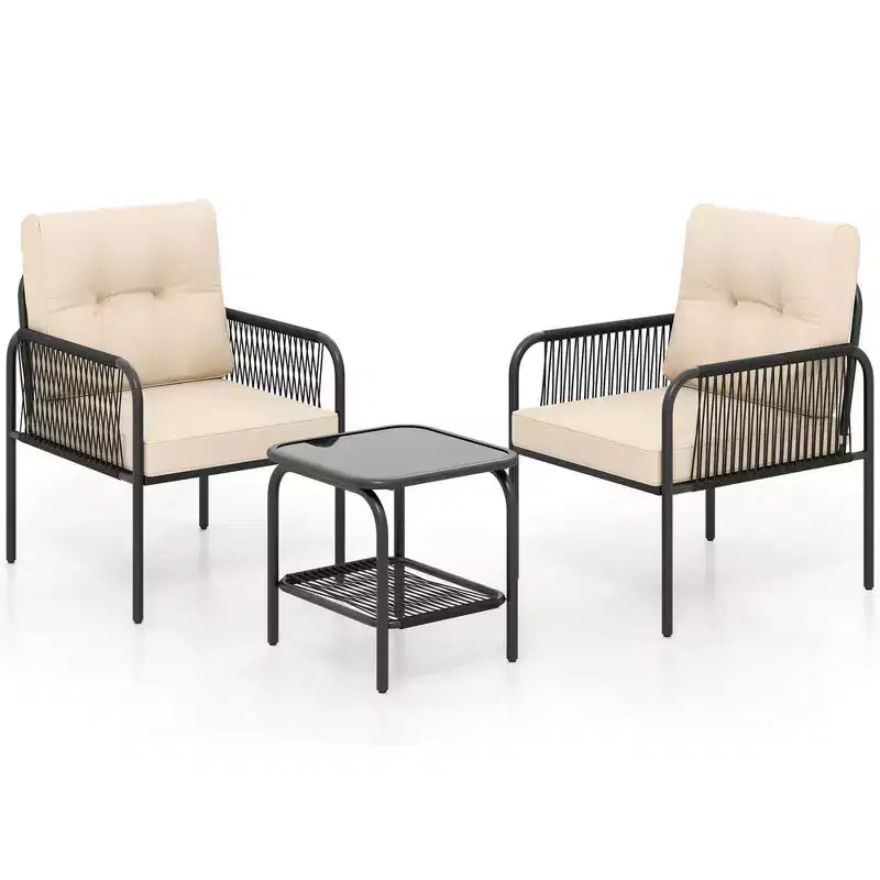 Bistro de terrasse avec table en verre trempé, chaises et coussins de dossier et d'assise