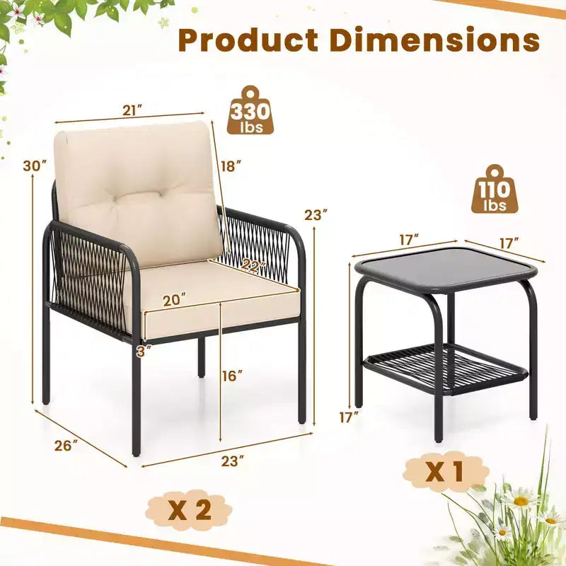 Bistro de terrasse avec table en verre trempé, chaises et coussins de dossier et d'assise