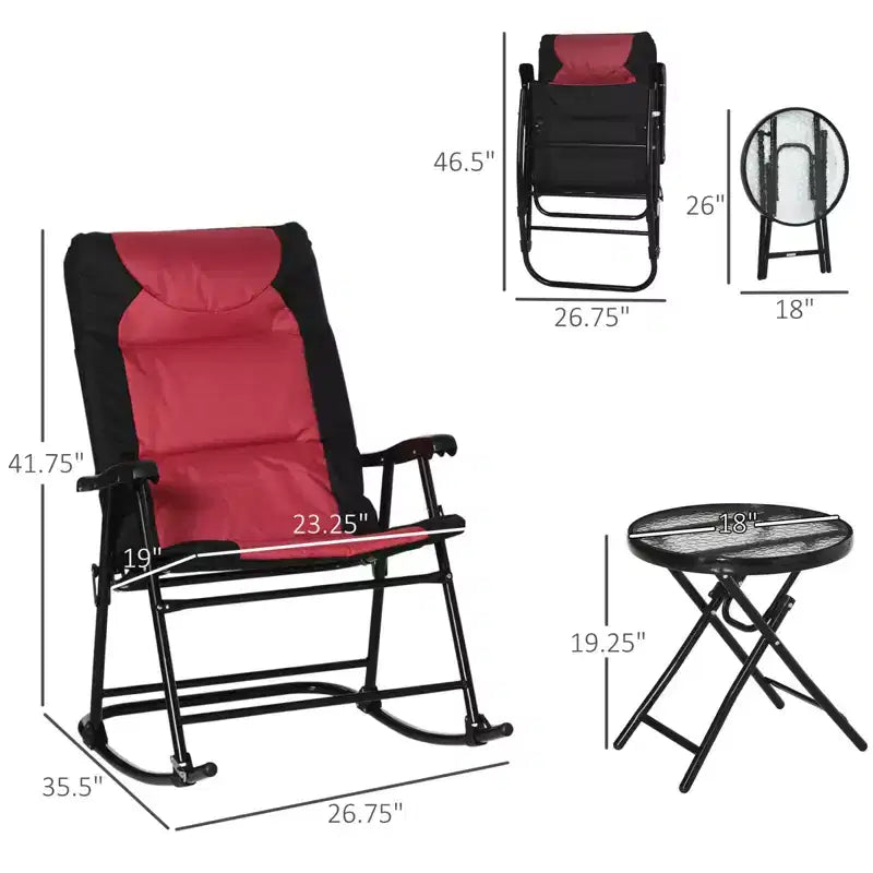 Ensemble de bistro chaises berçantes pliantes et table basse en verre pour patio