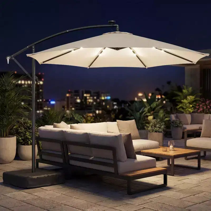 Parasol de patio déporté avec lumière LED solaire