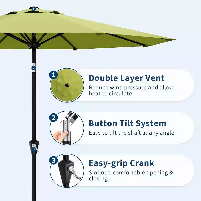 Parasol rond, rotation à 360°, manivelle 8 baleines, protection UV, imperméable
