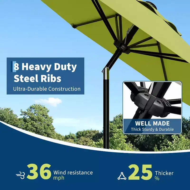 Parasol rond, rotation à 360°, manivelle 8 baleines, protection UV, imperméable