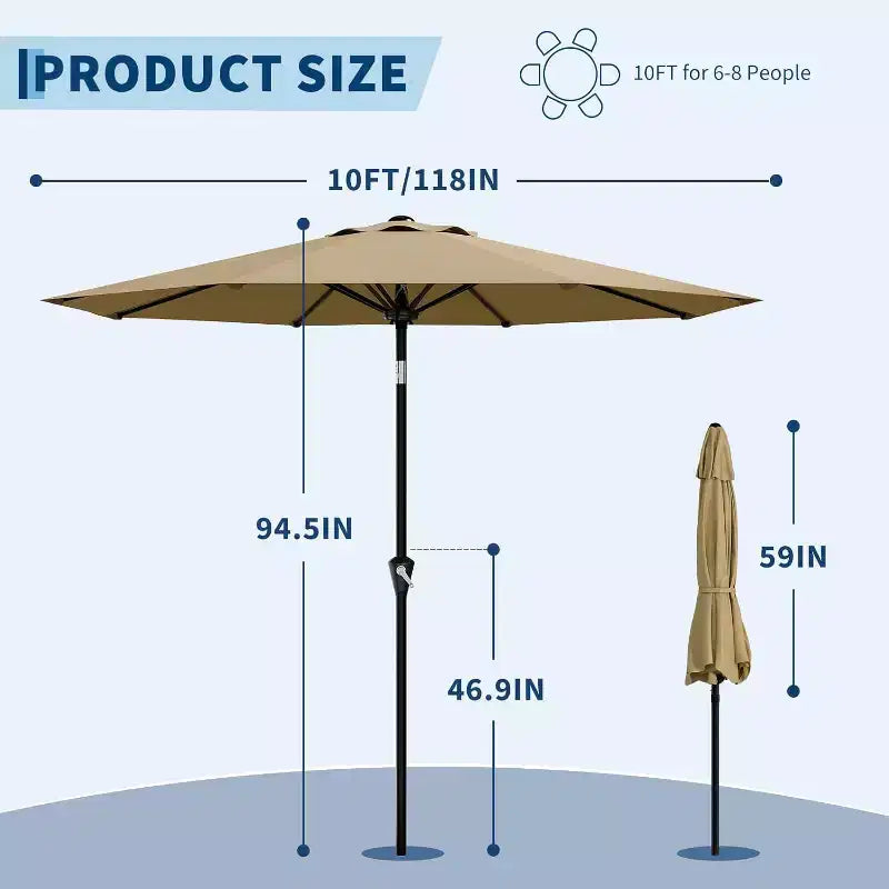 Parasol rond, rotation à 360°, manivelle 8 baleines, protection UV, imperméable