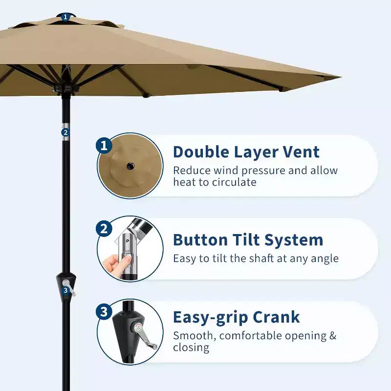 Parasol rond, rotation à 360°, manivelle 8 baleines, protection UV, imperméable