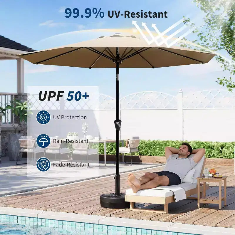 Parasol rond, rotation à 360°, manivelle 8 baleines, protection UV, imperméable