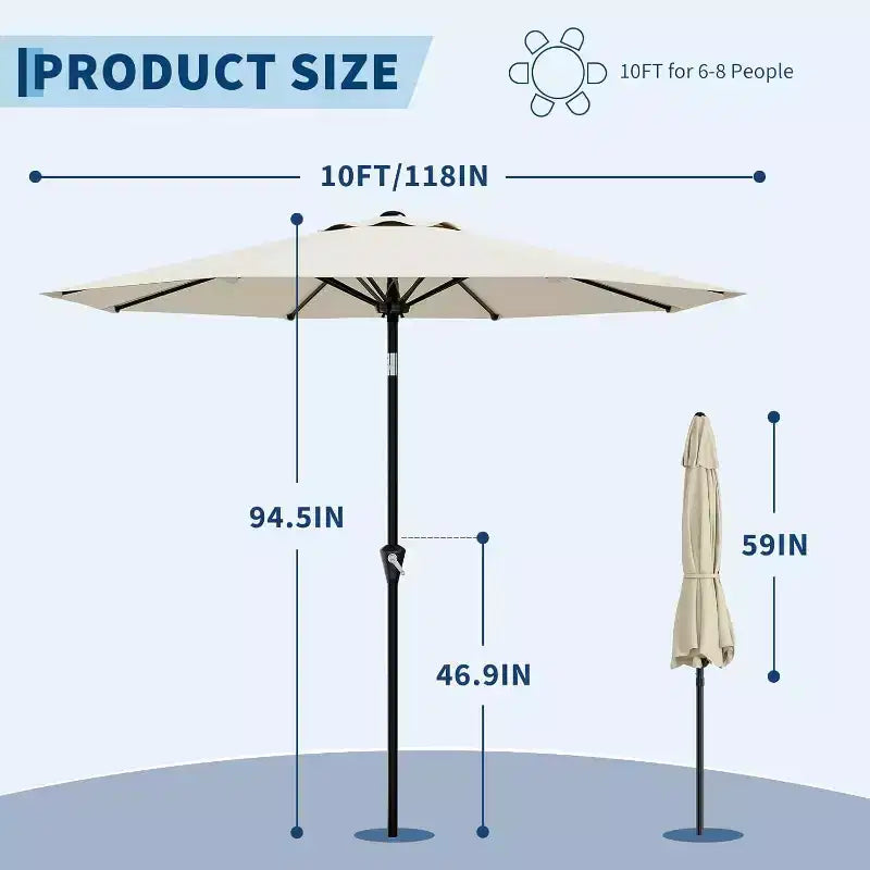 Parasol rond, rotation à 360°, manivelle 8 baleines, protection UV, imperméable