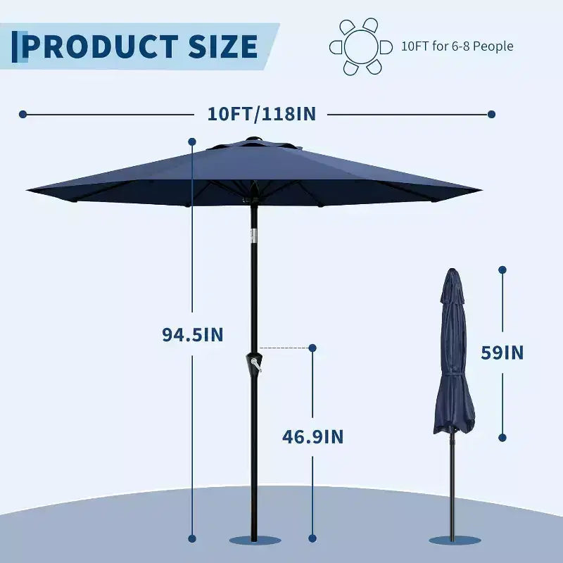 Parasol rond, rotation à 360°, manivelle 8 baleines, protection UV, imperméable