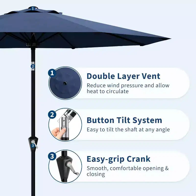 Parasol rond, rotation à 360°, manivelle 8 baleines, protection UV, imperméable