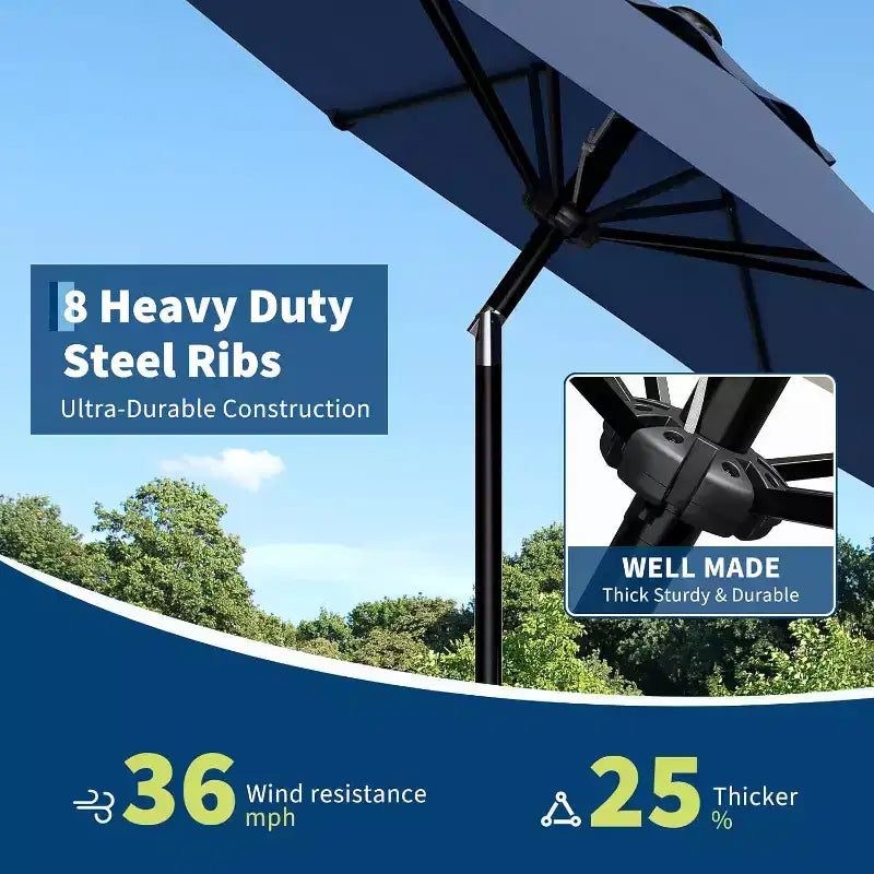Parasol rond, rotation à 360°, manivelle 8 baleines, protection UV, imperméable
