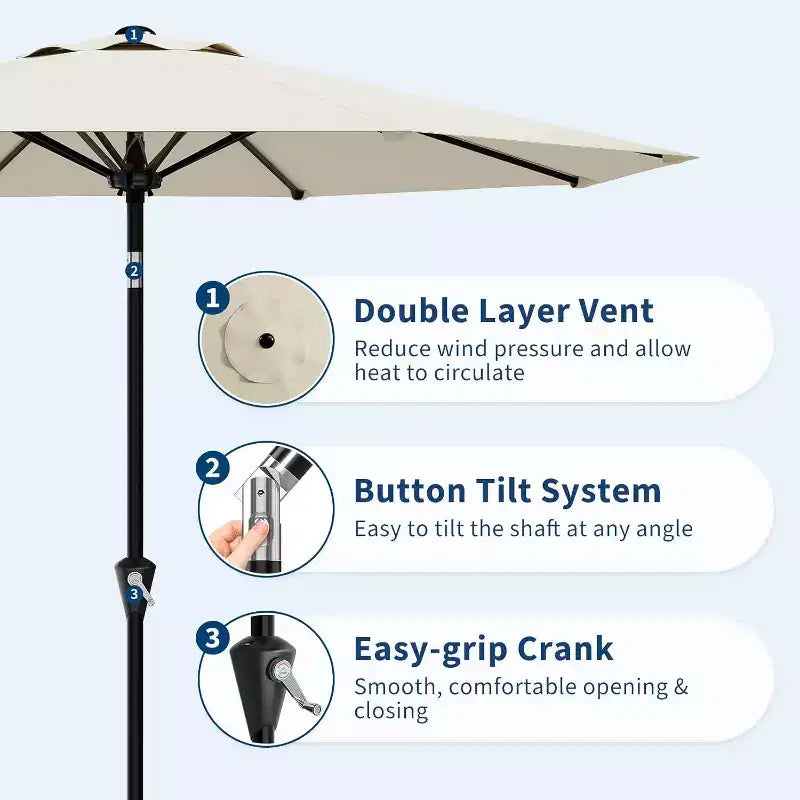 Parasol rond, rotation à 360°, manivelle 8 baleines, protection UV, imperméable