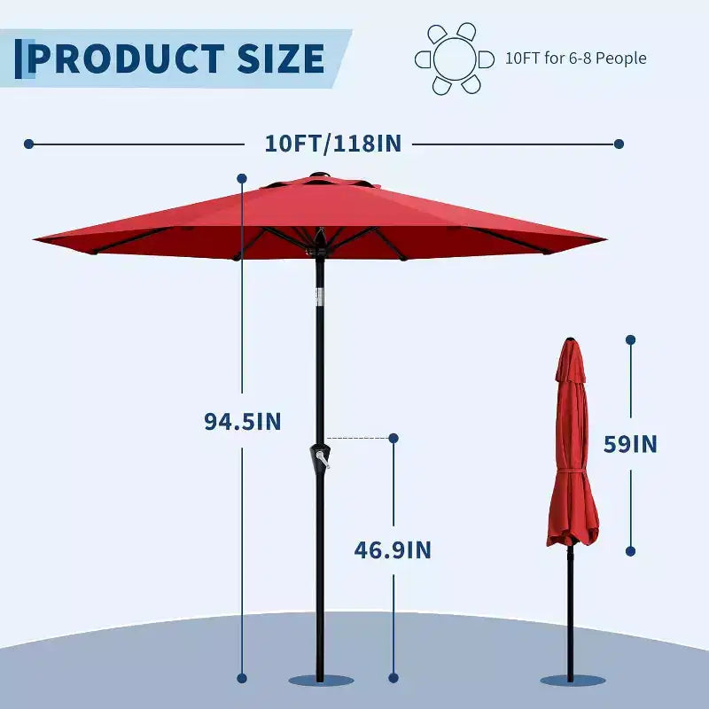 Parasol rond, rotation à 360°, manivelle 8 baleines, protection UV, imperméable