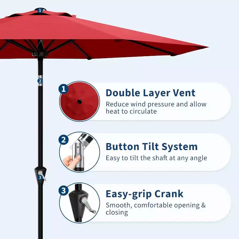 Parasol rond, rotation à 360°, manivelle 8 baleines, protection UV, imperméable