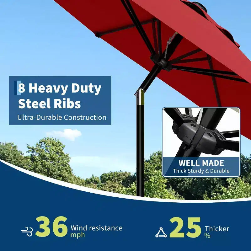 Parasol rond, rotation à 360°, manivelle 8 baleines, protection UV, imperméable