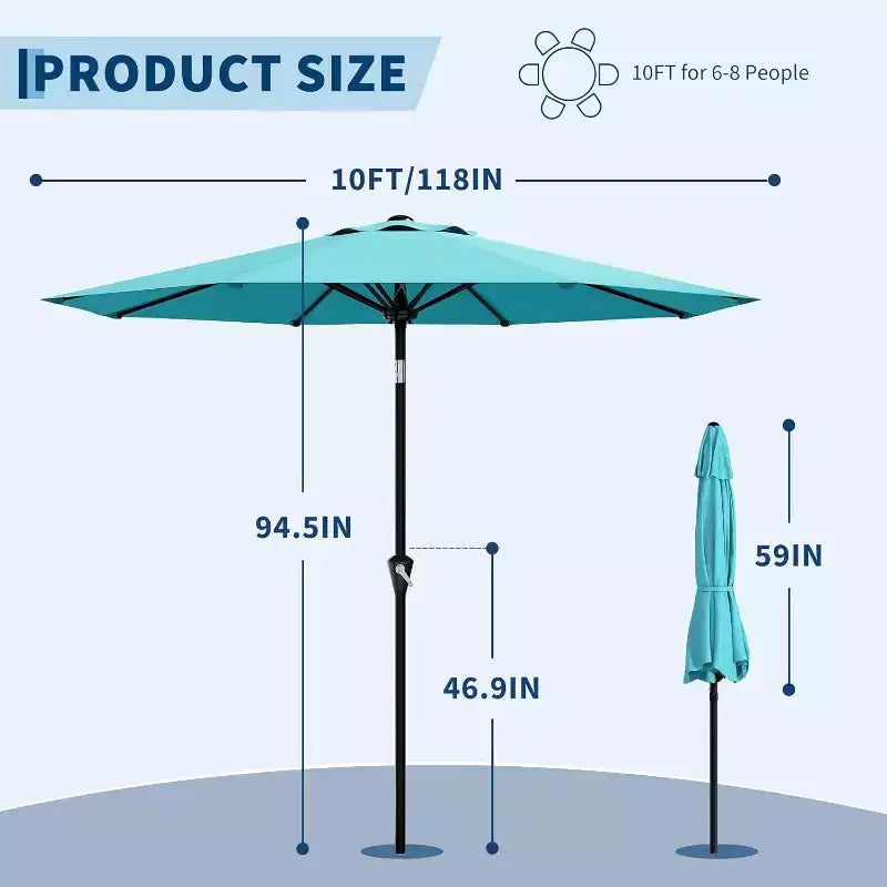 Parasol rond, rotation à 360°, manivelle 8 baleines, protection UV, imperméable