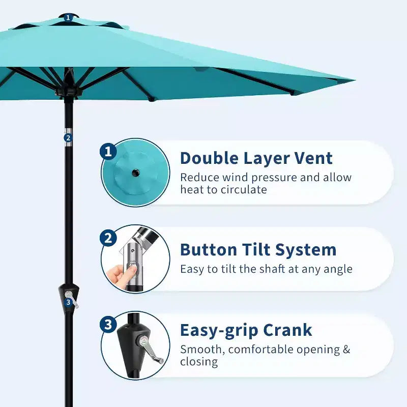 Parasol rond, rotation à 360°, manivelle 8 baleines, protection UV, imperméable