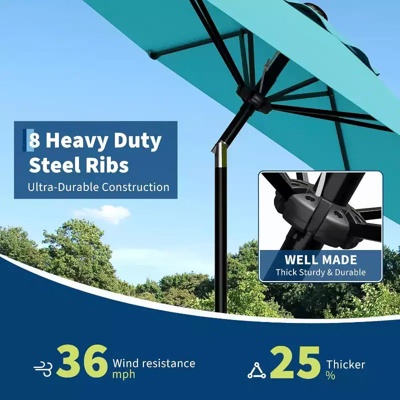 Parasol rond, rotation à 360°, manivelle 8 baleines, protection UV, imperméable