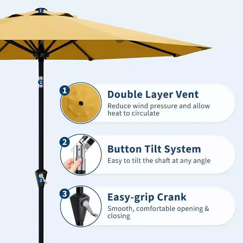 Parasol rond, rotation à 360°, manivelle 8 baleines, protection UV, imperméable