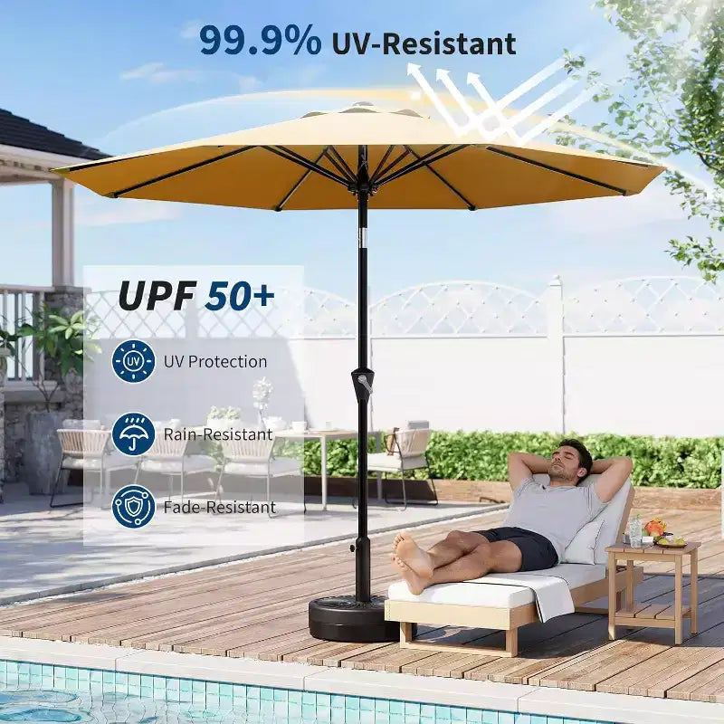 Parasol rond, rotation à 360°, manivelle 8 baleines, protection UV, imperméable