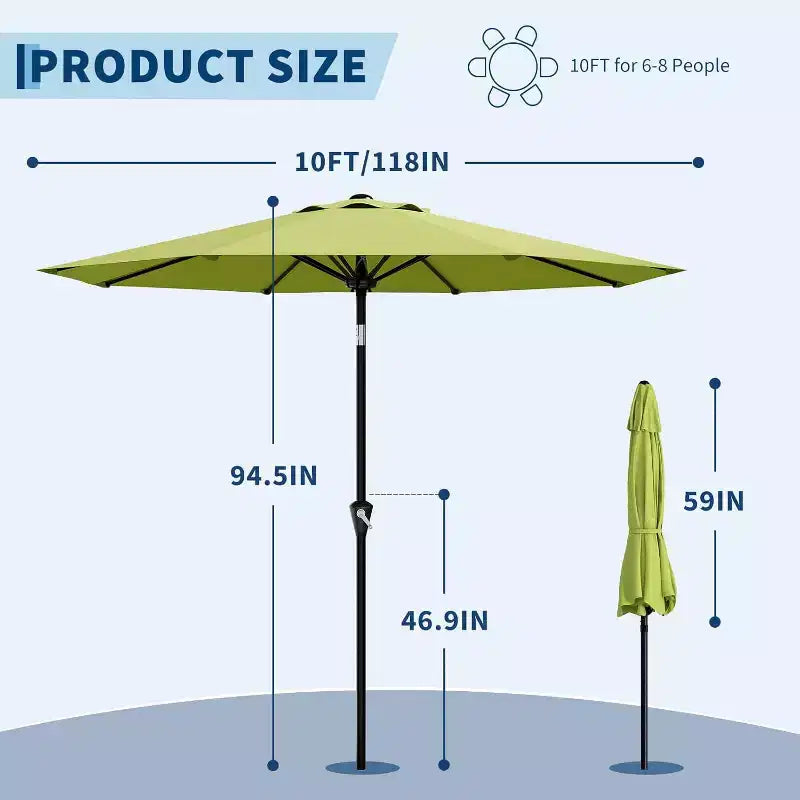 Parasol rond, rotation à 360°, manivelle 8 baleines, protection UV, imperméable