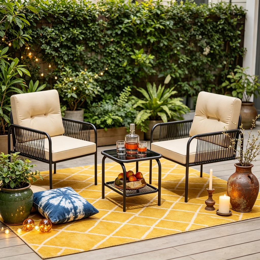 Bistro de terrasse avec table en verre trempé, chaises et coussins de dossier et d'assise