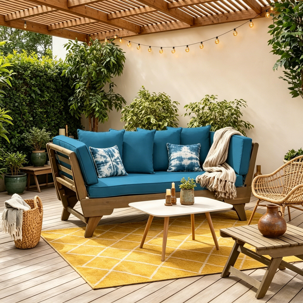 Lit de repos/canapé extensible en bois d'acacia pour extérieur avec coussins