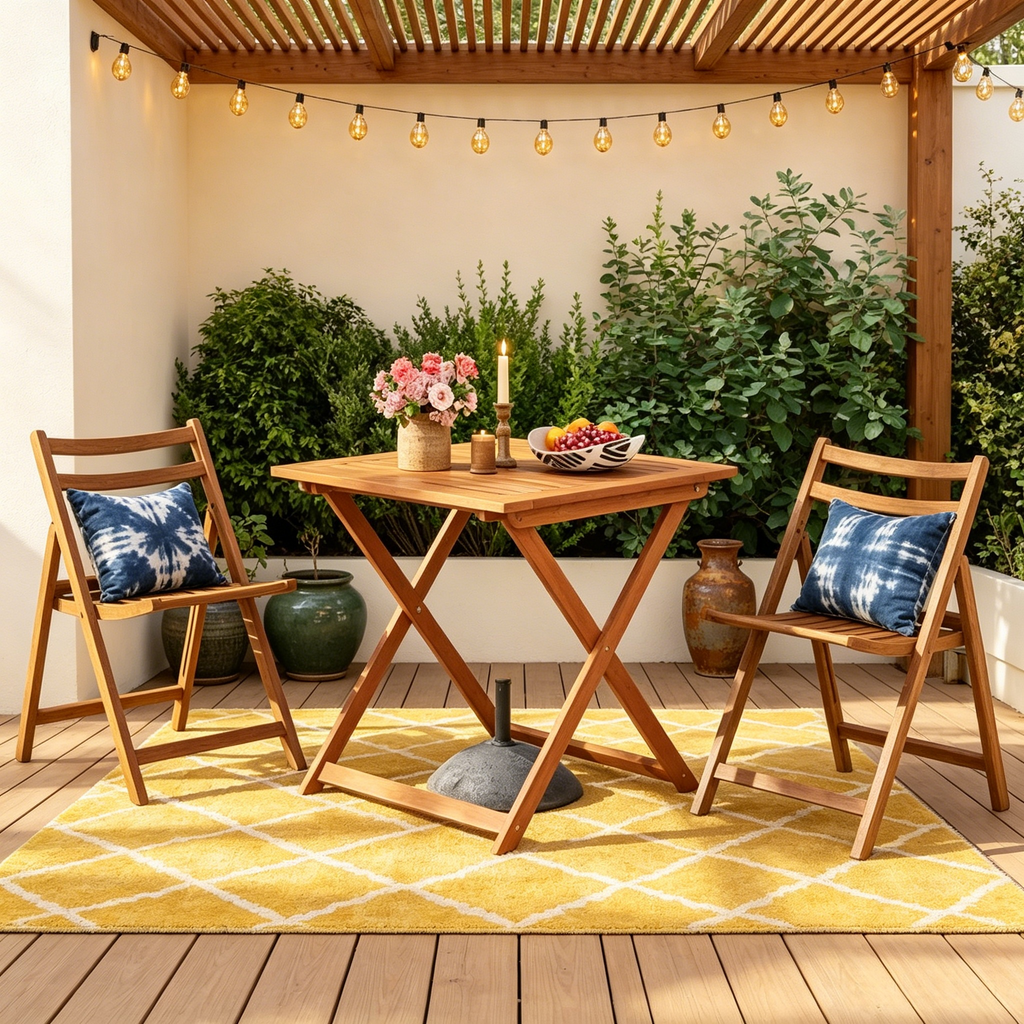 Table à manger de terrasse avec plateau effet teck 2 trous pour parasol