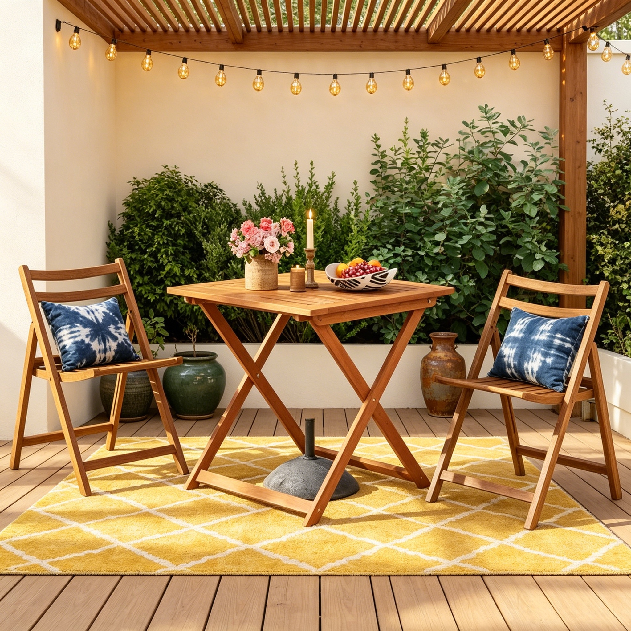 Table à manger de terrasse avec plateau effet teck 2 trous pour parasol