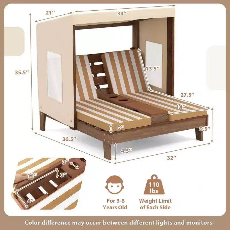 Chaise double pour enfants avec porte-gobelets et auvent