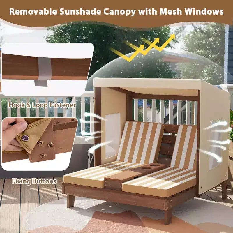 Chaise double pour enfants avec porte-gobelets et auvent