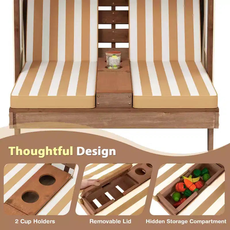 Chaise double pour enfants avec porte-gobelets et auvent
