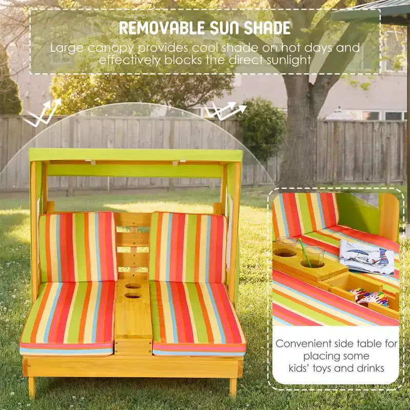 Chaise double pour enfants avec porte-gobelets et auvent