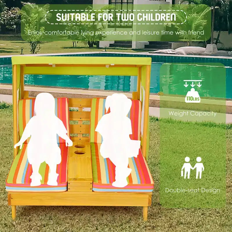 Chaise double pour enfants avec porte-gobelets et auvent