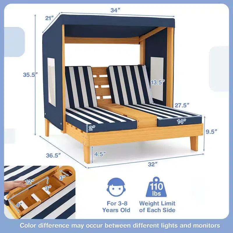 Chaise double pour enfants avec porte-gobelets et auvent