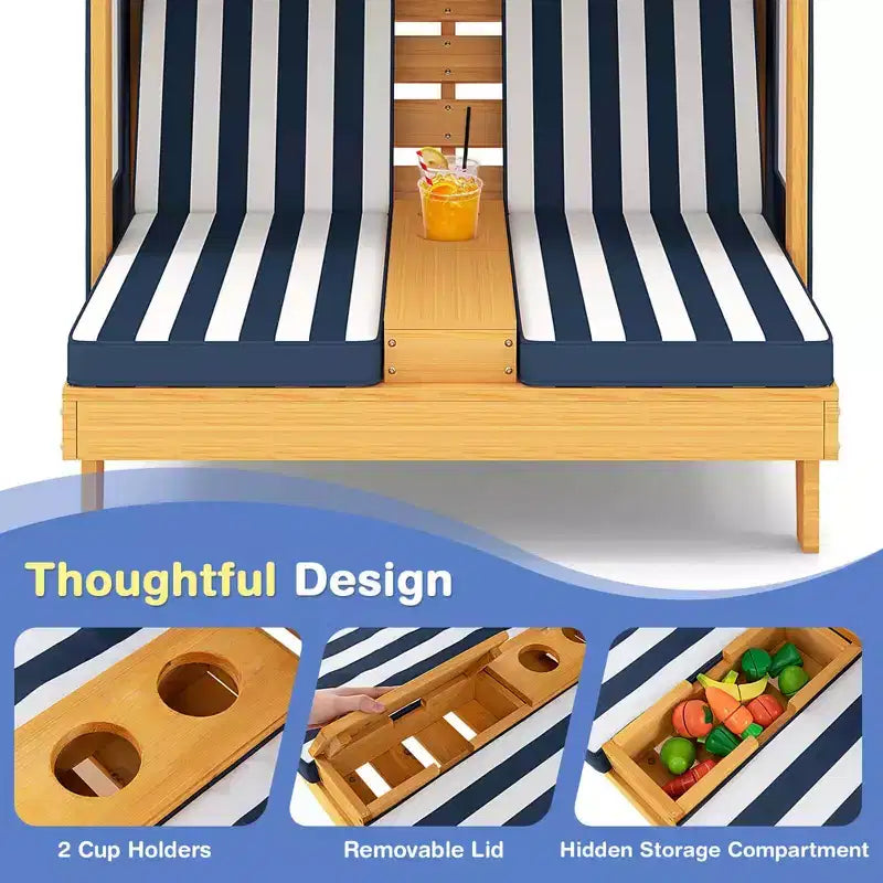 Chaise double pour enfants avec porte-gobelets et auvent