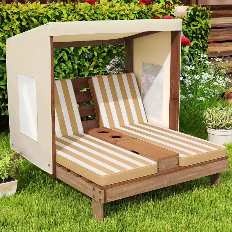 Chaise double pour enfants avec porte-gobelets et auvent