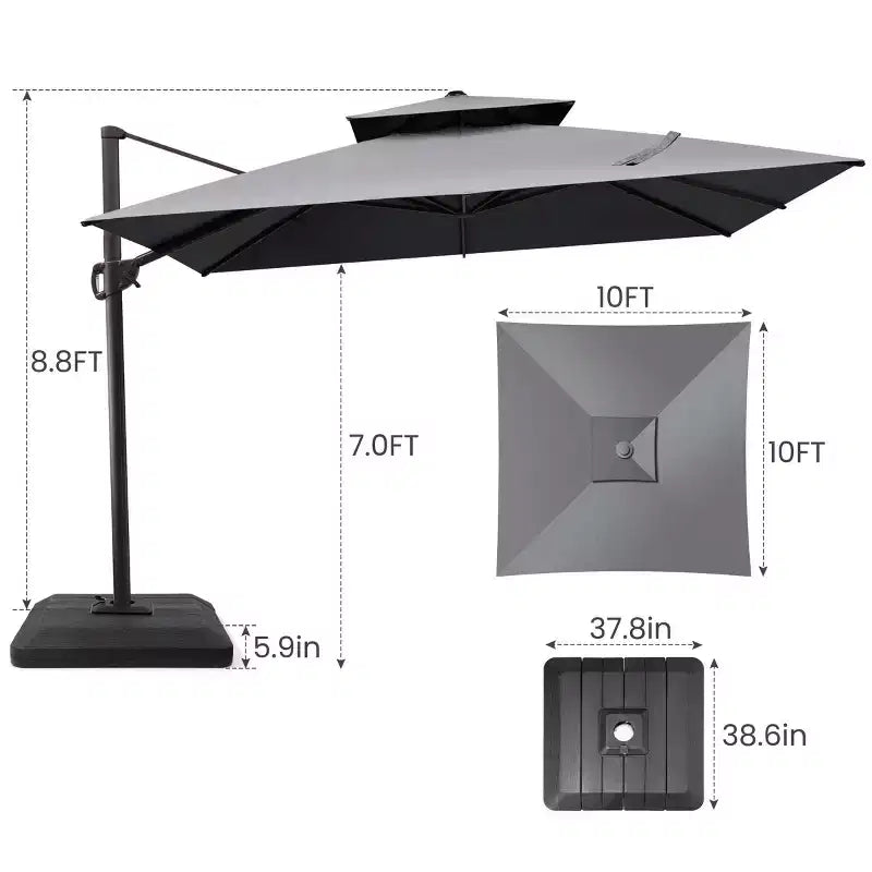 Parasol déporté inclinable à 2 niveaux, carré, pour patio, rotation à 360°