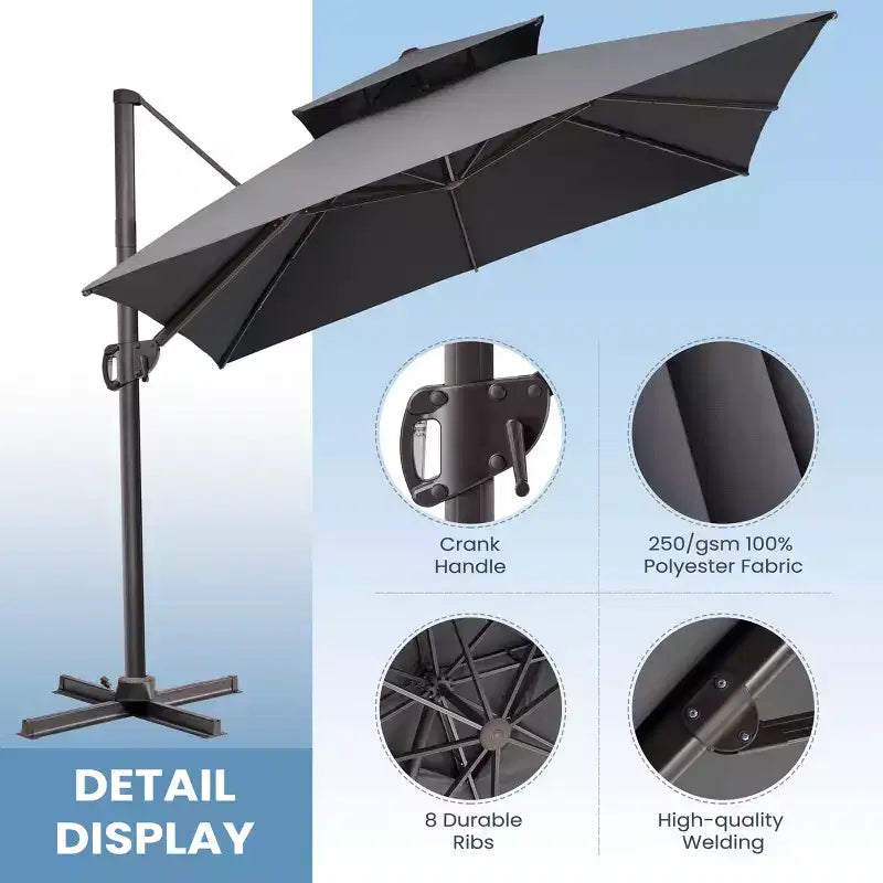 Parasol déporté inclinable à 2 niveaux, carré, pour patio, rotation à 360°